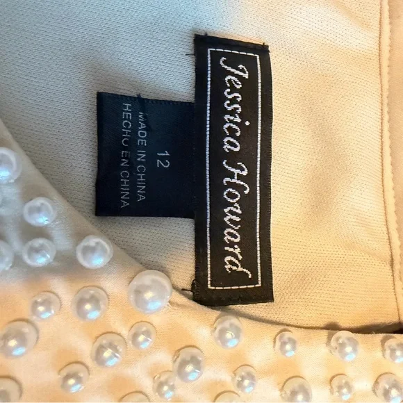 Jessica Howard Cream and Brown Pearl-Trim Formal Dress